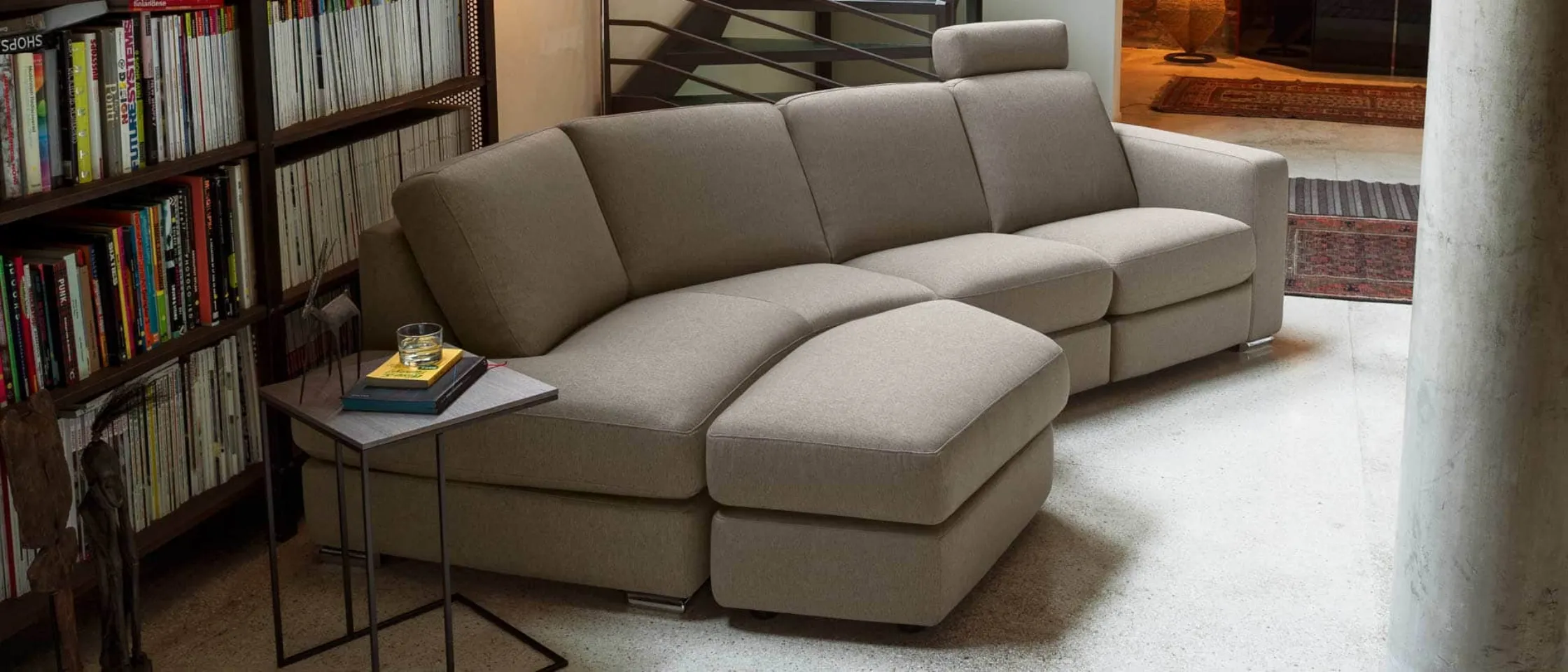 Dylan sofa with chaise longue and shaped ottoman.