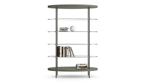 oval bookcase with glass shelves