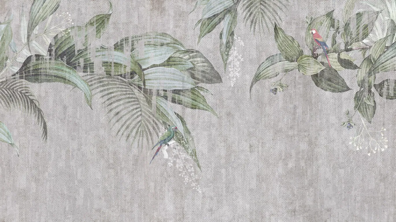 Jungle wallpaper with leaves and parrots