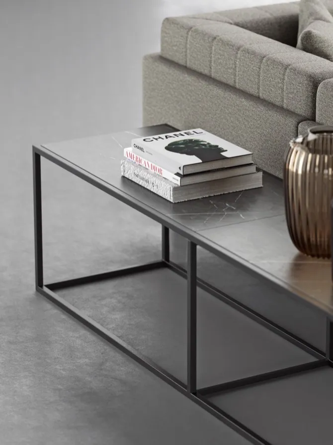 minimal stone and lacquered bench