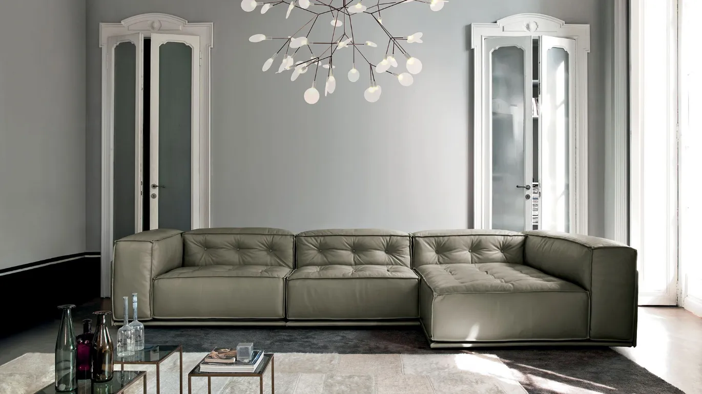 light blue leather sofa with Glamor chaise longue